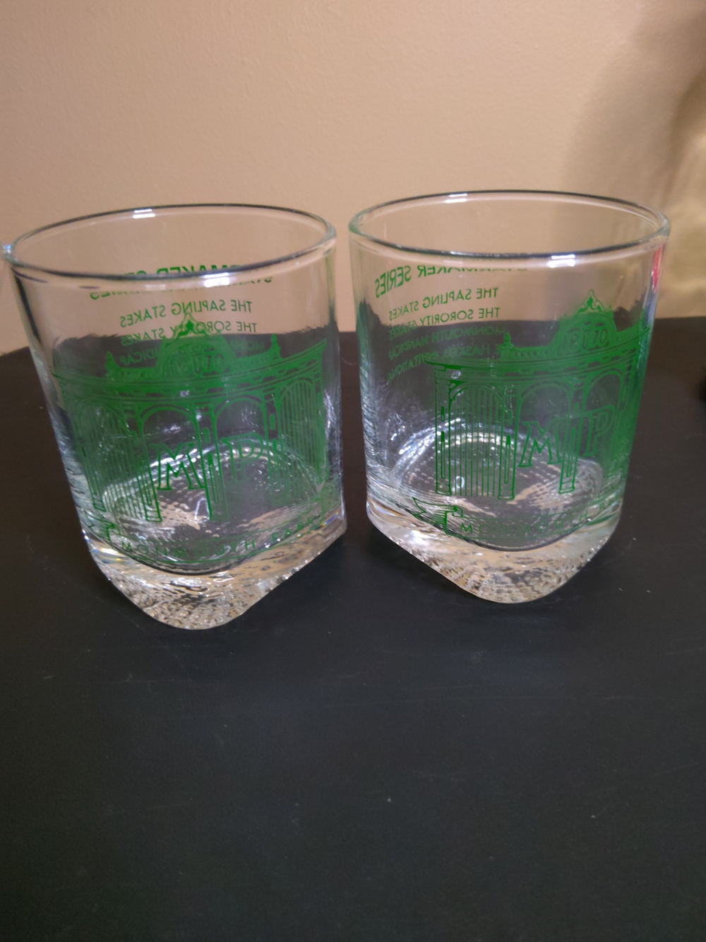 Vintage Horse Racing Monmouth Park Starmakers Green Glass Tumblers - Set of 2